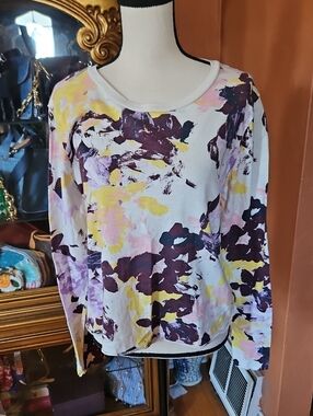 Anthropologie Long-Sleeve Brushstroke Floral Top - White, Purple, Yellow, Pink